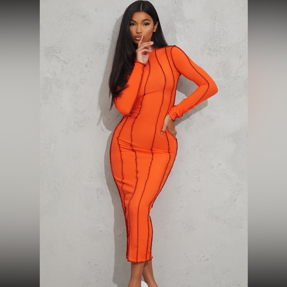 Orange Rib Asymmetric Seam Detail Long Sleeve Midi Dress